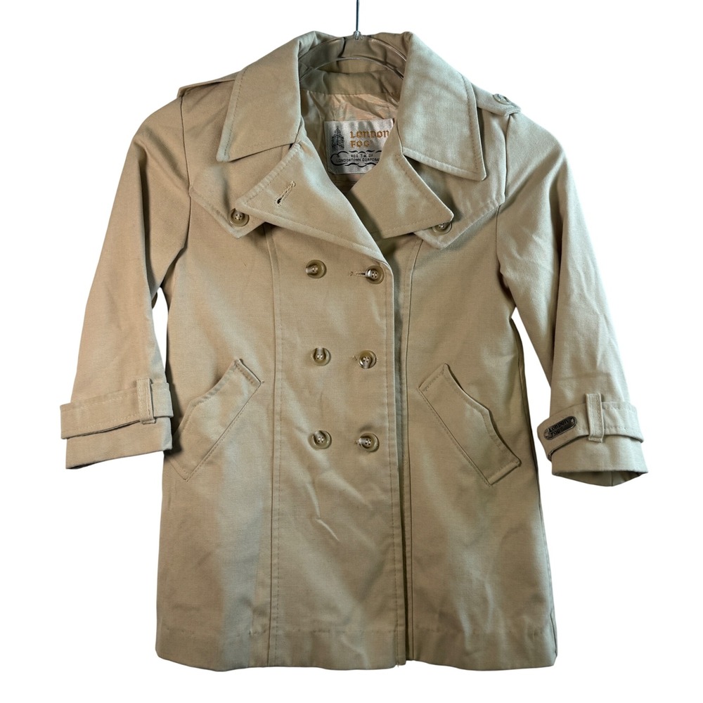 London Fog Vtg Kids Trench Coat Tan Khaki Double Breasted Pea Coat Size 5 USA